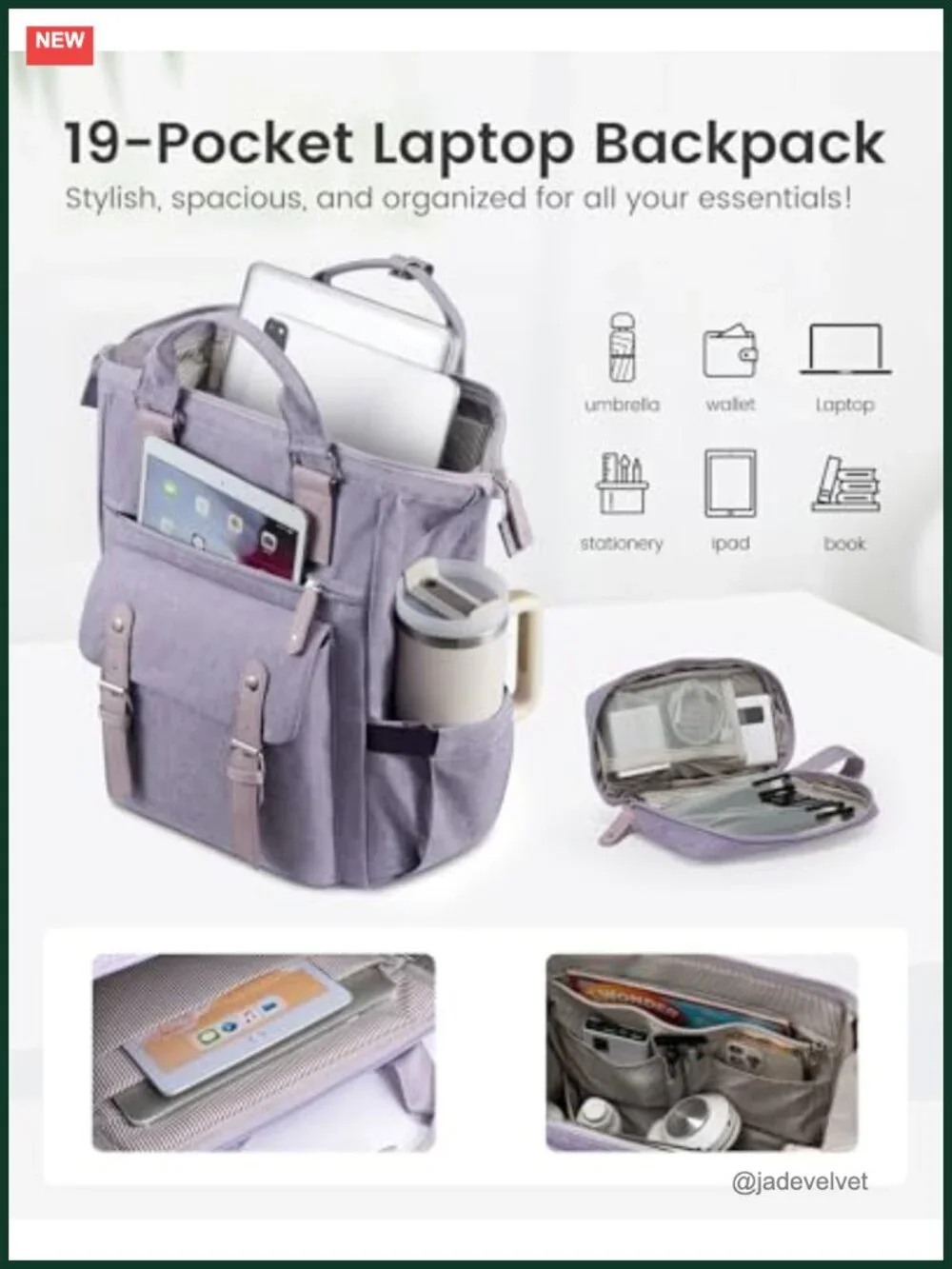 Laptop Backpack with 40oz Tumbler Holder, Anti-Theft, Padded 15.6